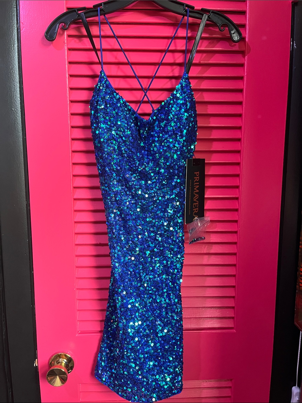 Primavera Couture Blue Sequin Strappy Prom Dress